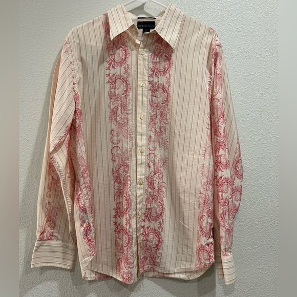 GUESS Mens Long Sleeve Button Shirt Sz.M Beige/Red-Paisley Print/Striped - Picture 1 of 10